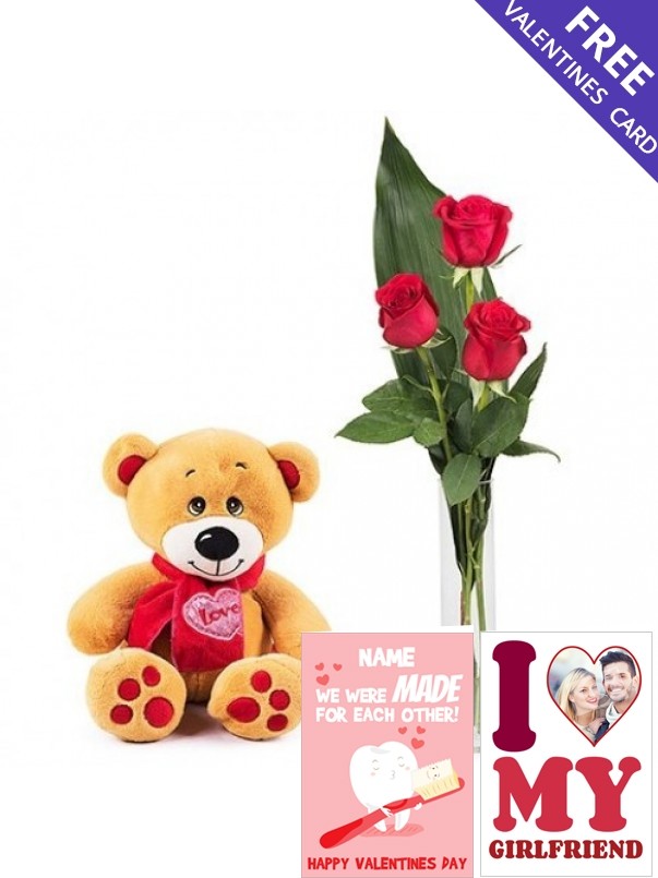 3 Red Roses & Teddy