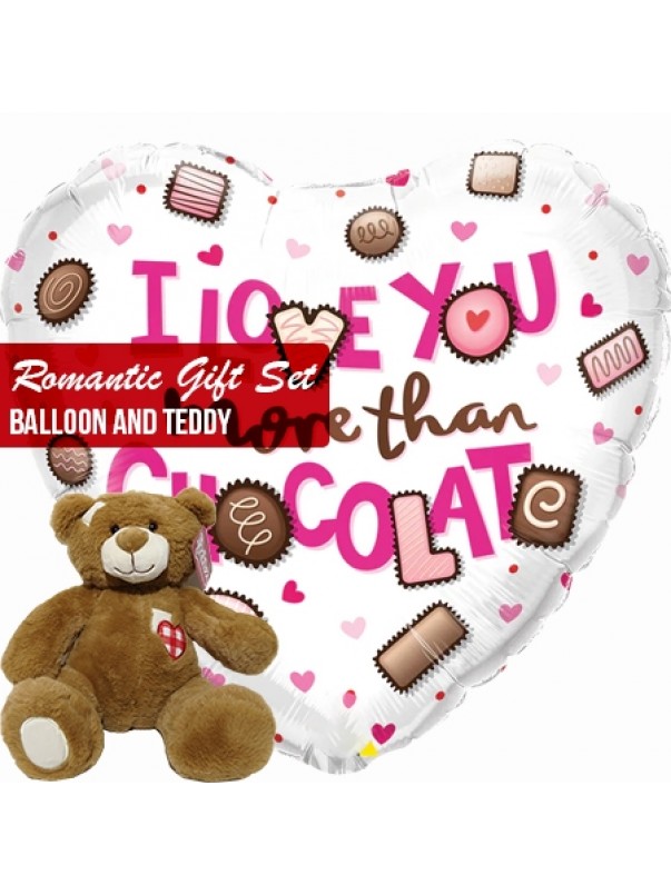 Romantic gift set heart balloons and teddy 