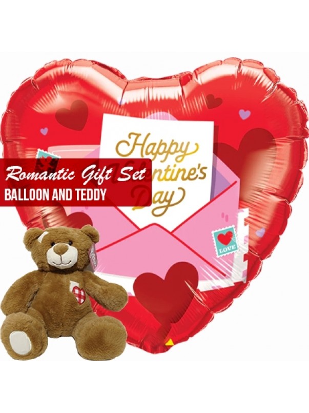Romantic gift set red heart balloon and teddy