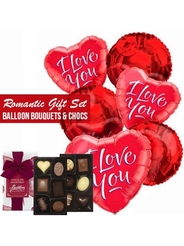 Romantic gift set red balloons bouquets and chocs