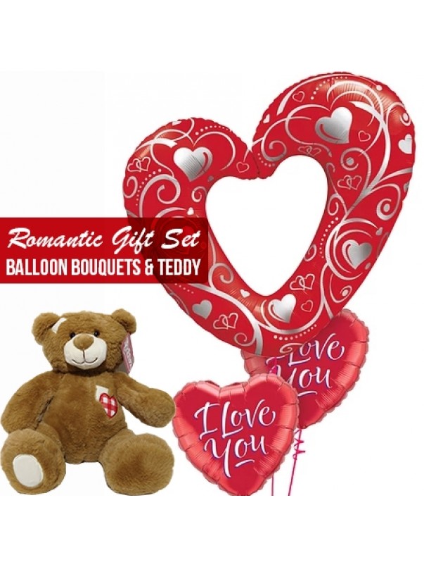 Romantic gift set combo balloons bouquets and teddy