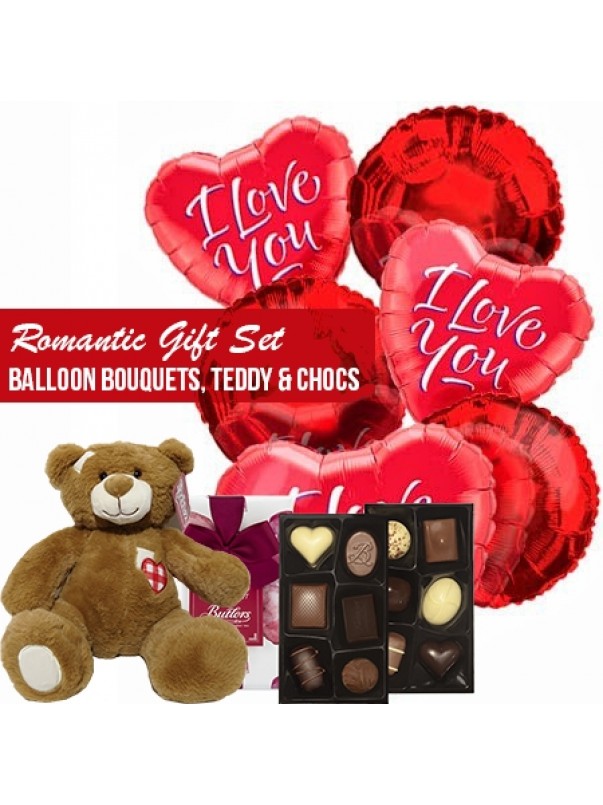 Romantic gift set balloons bouquets teddy and chocs