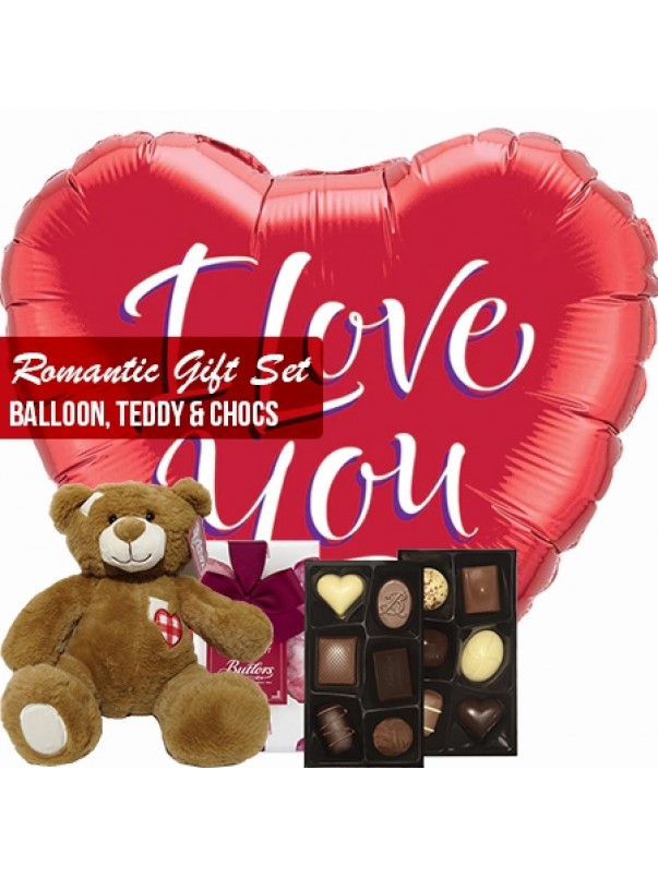 Romantic gift set red heart balloons teddy and chocs