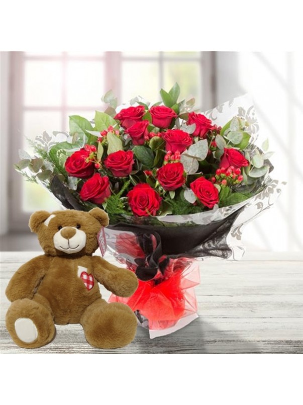 Dozen Red Roses & Teddy