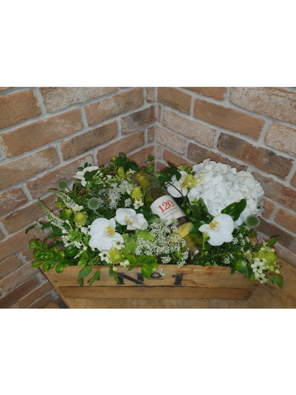 White Flower Crate With Wine