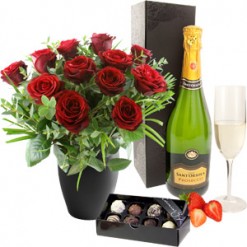 Twelve Roses with Bubbly & Chocolates