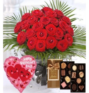 24 Luxury Red Roses & Chocs & Balloon