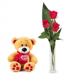 3 Red Roses & Teddy