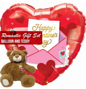 Romantic gift set red heart balloon and teddy