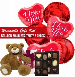 Romantic gift set balloons bouquets teddy and chocs