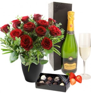 Twelve Roses with Bubbly & Chocolates